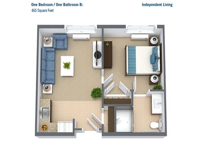 Architectural floor plan of a one-bedroom apartment