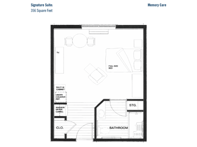 Architectural floor plan for a memory care suite