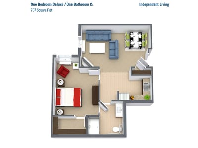 Architectural floor plan of a one-bedroom unit