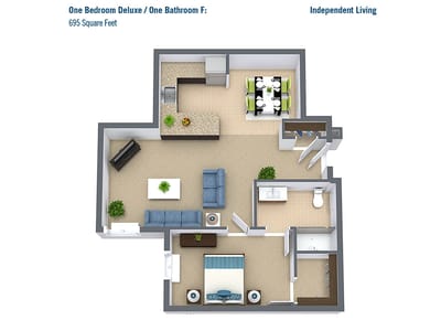 Architectural floor plan for a one-bedroom apartment