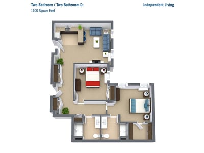 Architectural floor plan of a two-bedroom unit