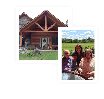 Exterior view of a lodge and residents enjoying time outside