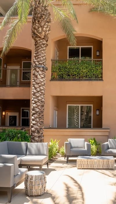 Outdoor seating area with palm trees