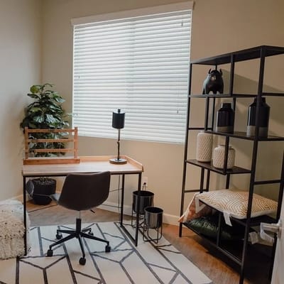 Modern interior space with desk and shelving unit