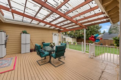 Outdoor patio with seating and decorations