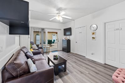 Interior view of a cozy common area in a senior facility