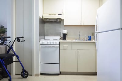 Kitchen area in a senior living apartment