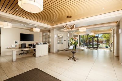 Bright and modern lobby area with seating and reception