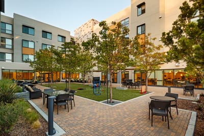 Beautiful outdoor garden space with seating.