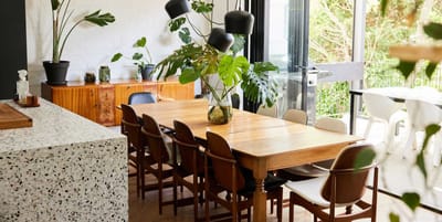 Bright dining room with a large wooden table
