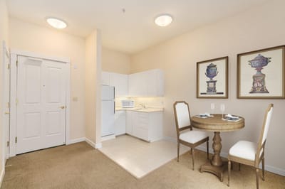 Bright interior of a kitchenette in a senior living unit