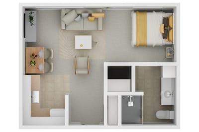 Interior view of a private resident room with a bed and sitting area