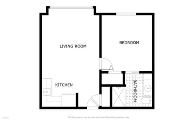 Architectural floor plan of a one-bedroom unit