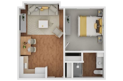 Floor plan of a resident unit with living and bedroom areas