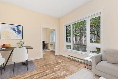 Bright and airy common room with large windows
