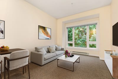 Cozy living room with a sofa, coffee table, and a view of greenery