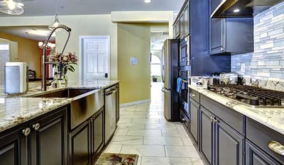 Modern kitchen interior with marble countertops