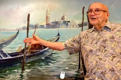 Resident in front of a mural painting depicting canals