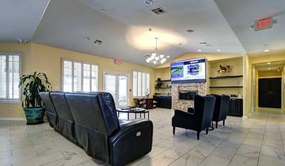 Bright and welcoming common area with seating