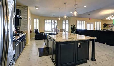 Interior view of a modern kitchen and living area