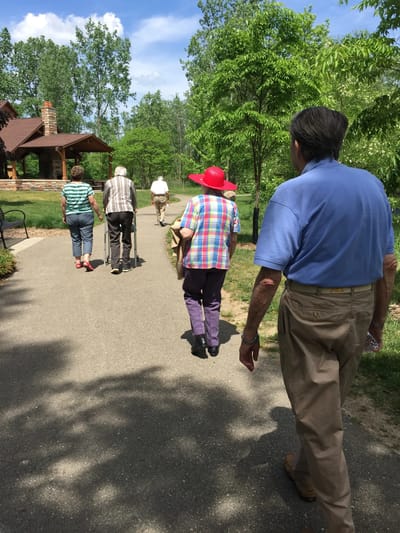 Residents enjoying a walk on a sunny path