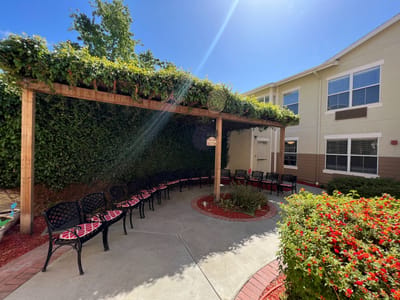 Outdoor seating area with benches and plants