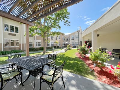 Seating area in a landscaped outdoor space