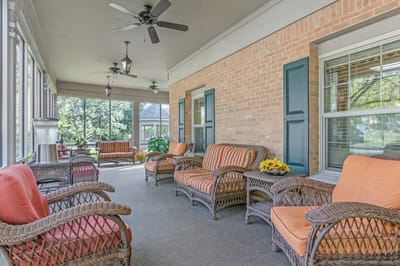 Cozy outdoor seating area with cushions