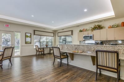 Bright, inviting common area with seating