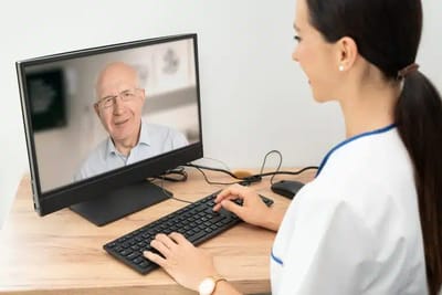 Healthcare worker video calling a senior man.