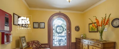 Interior view of a reception area with logo