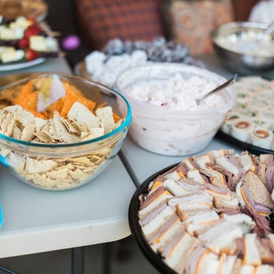 Assorted platters of food on a table