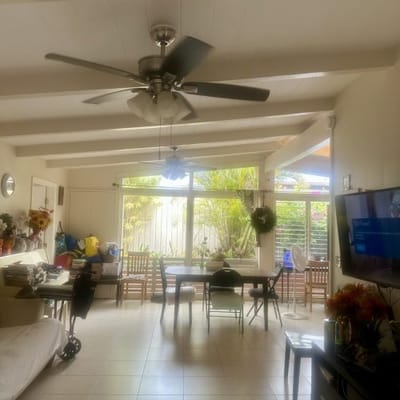 Bright common area with seating and natural light