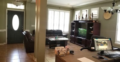 Bright interior of a common area with seating and decor
