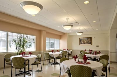 Dining area with tables and decorative plants