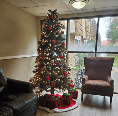 Christmas tree and chair in a common area