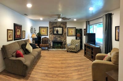 Bright common area with seating and decor