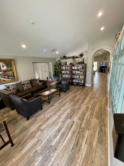 Interior view of a cozy common area with seating