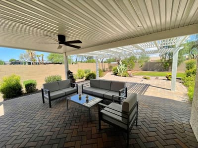 Outdoor seating area with landscaping