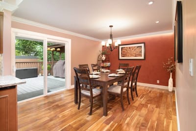 Dining area with a large table and wooden floors