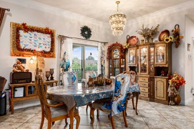 Dining area decorated with seasonal decor
