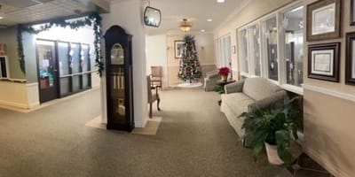 Interior common area with holiday decor and seating