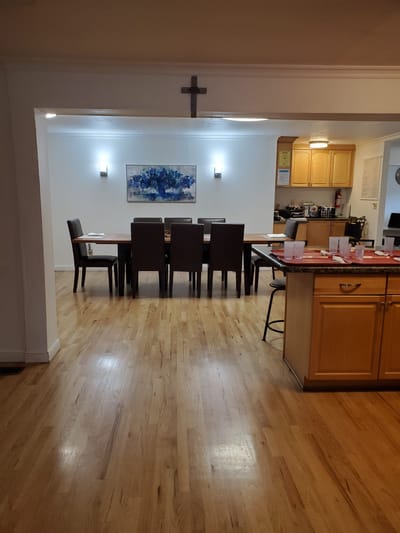 Interior view of a common area with dining table