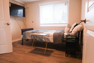 Private resident room with a bed and TV