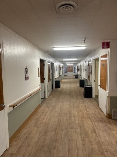 Interior hallway of a senior care facility