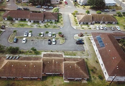 Aerial view of the assisted living facility and parking area