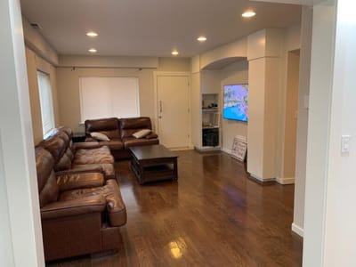 Interior view of a lounge area with leather seating