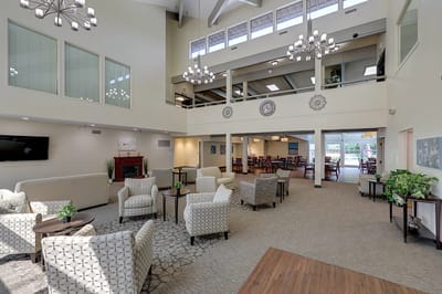 Spacious common area with seating and dining space