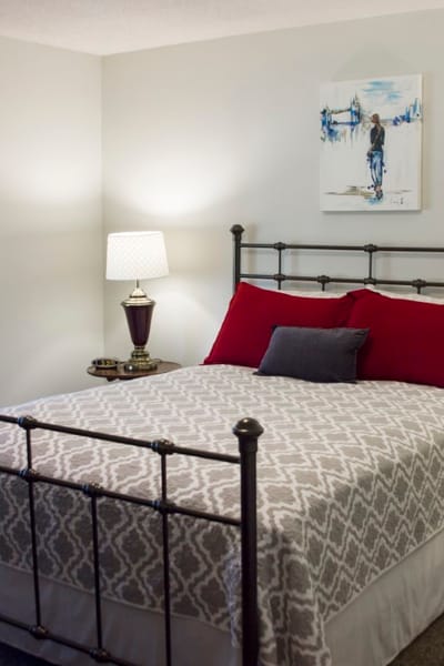 Cozy private bedroom with decorative bedding and artwork