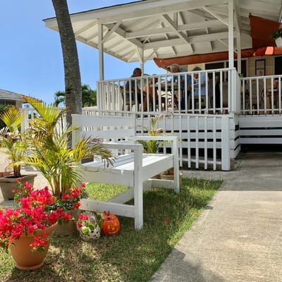 Outdoor seating area with potted flowers and residents